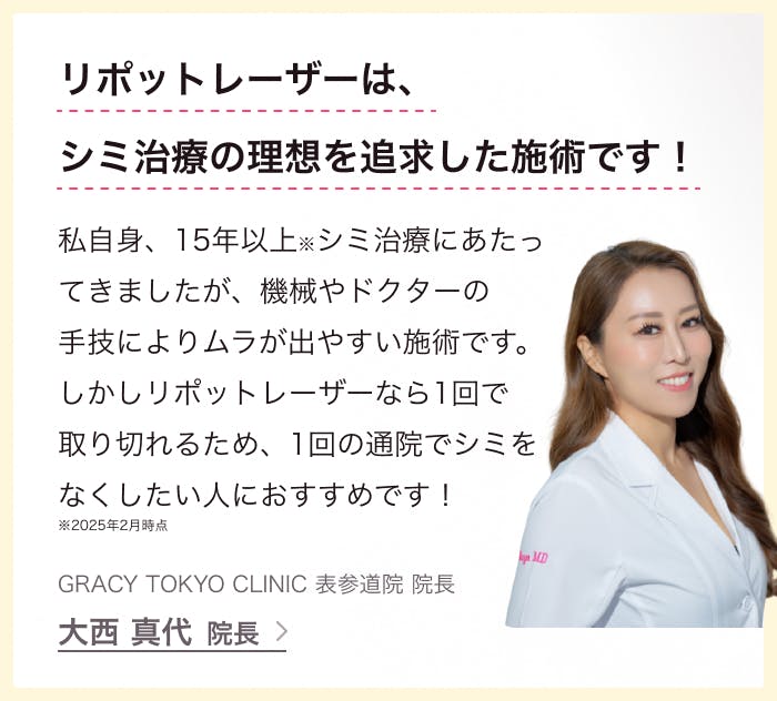 リポットレーザーはシミ治療の理想を追求した施術です!私自身、15年以上※シミ治療にあたってきましたが、機械やドクターの手技によりムラが出やすい施術です。しかしリポットレーザーなら1回で取り切れるため、1回の通院でシミをなくしたい人におすすめです!※2025年2月時点 GRACY TOKYO CLINIC 表参道院 院長 大西真代先生